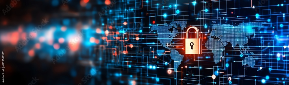 Poster a digital lock symbolizing cybersecurity and data protection, surrounded by interconnected networks,