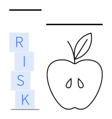 Apple line art with seeds beside stacked RISK blocks. Ideal for problem-solving, decision-making, analysis, business challenges, strategic planning, health, and abstract line flat metaphor