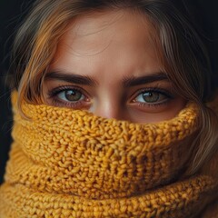 Young woman covering her face with a yellow scarf