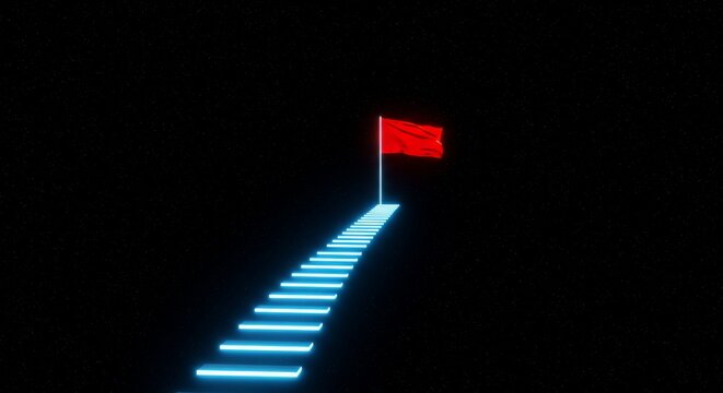 A glowing staircase symbolizing success and ambition; reaching towards the raised national flag with pride.