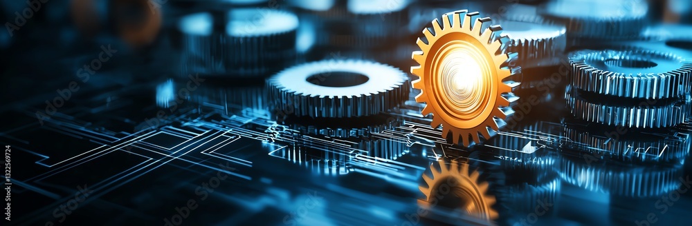 Poster a close-up view of gears and circuit components, symbolizing innovation and automation in technology