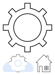 Gear as central focus, small house and cloud icons suggest synergy, development, and connection. Ideal for technology, automation, home systems, sustainability innovation process teamwork. Flat