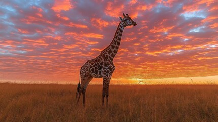 Obraz premium Giraffe silhouetted against a vibrant sunset in the African savanna.