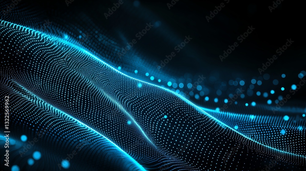 Poster a mesmerizing abstract representation of flowing digital waves illuminated by blue light, creating a
