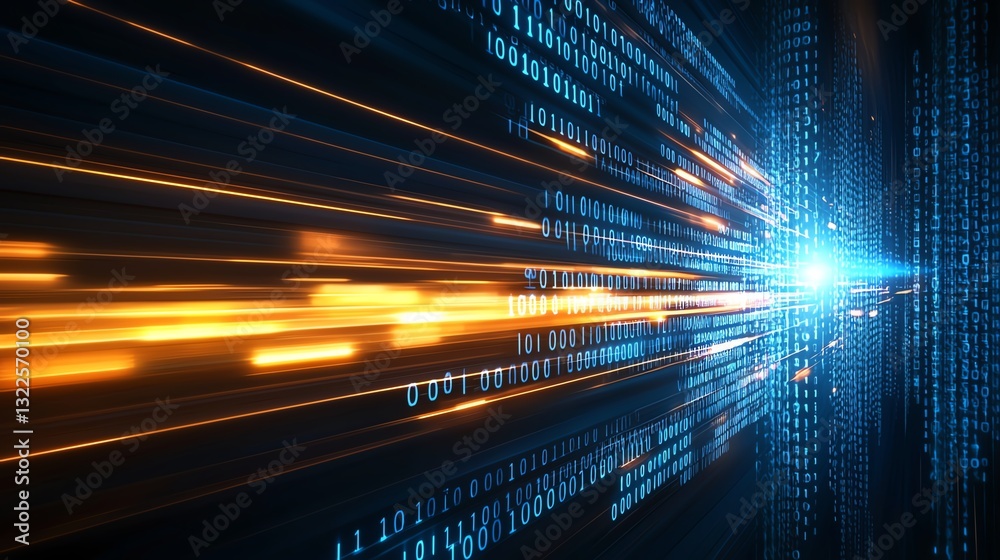 Poster dynamic abstract background showing vibrant blue and orange lines representing data flow and digital