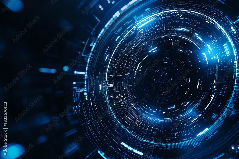 Poster abstract digital background featuring glowing blue lights and circular patterns, representing futuri