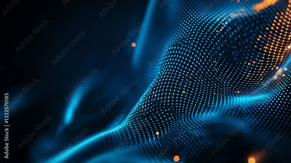 Poster an abstract representation of digital waves with glowing particles, showcasing the fusion of technol