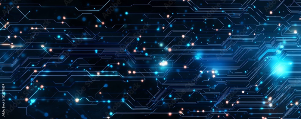 Poster a futuristic digital circuit board design with glowing lines and nodes, representing advanced techno