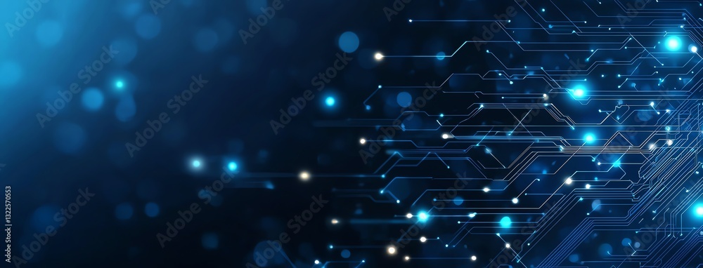 Poster this image showcases an abstract digital design with glowing blue lines and dots, representing data 