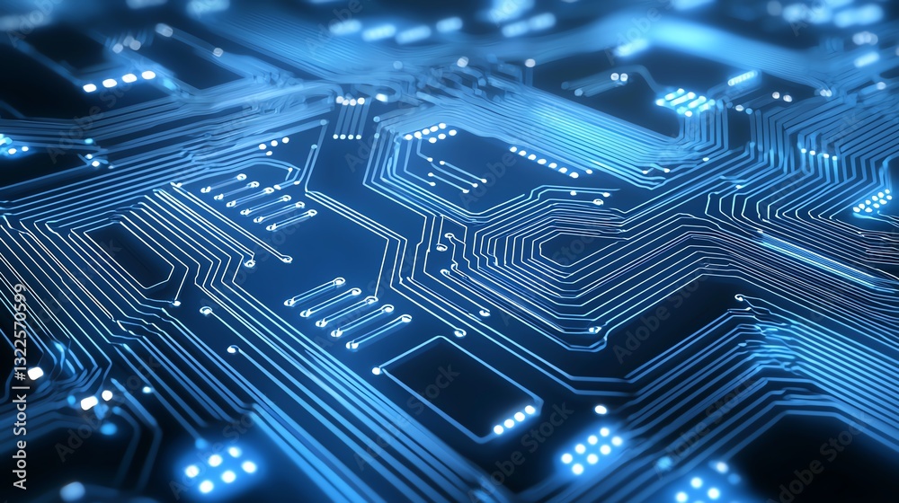 Poster this image showcases a close-up view of a futuristic circuit board with intricate patterns and glowi