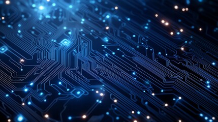 Obraz premium A vibrant close-up of a blue circuit board showcasing intricate pathways and glowing lights, symbolizing the advanced nature of modern technology and digital innovation.