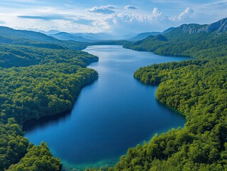 Serene Aerial View of Clear Blue Lake Surrounded by Lush Green Forests and Majestic Mountains Under a Bright Sky with Fluffy Clouds