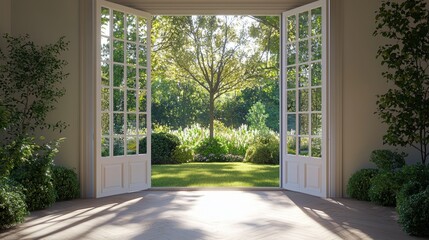 Fototapeta premium Serene View of Lush Green Garden Through Open French Doors in Daylight
