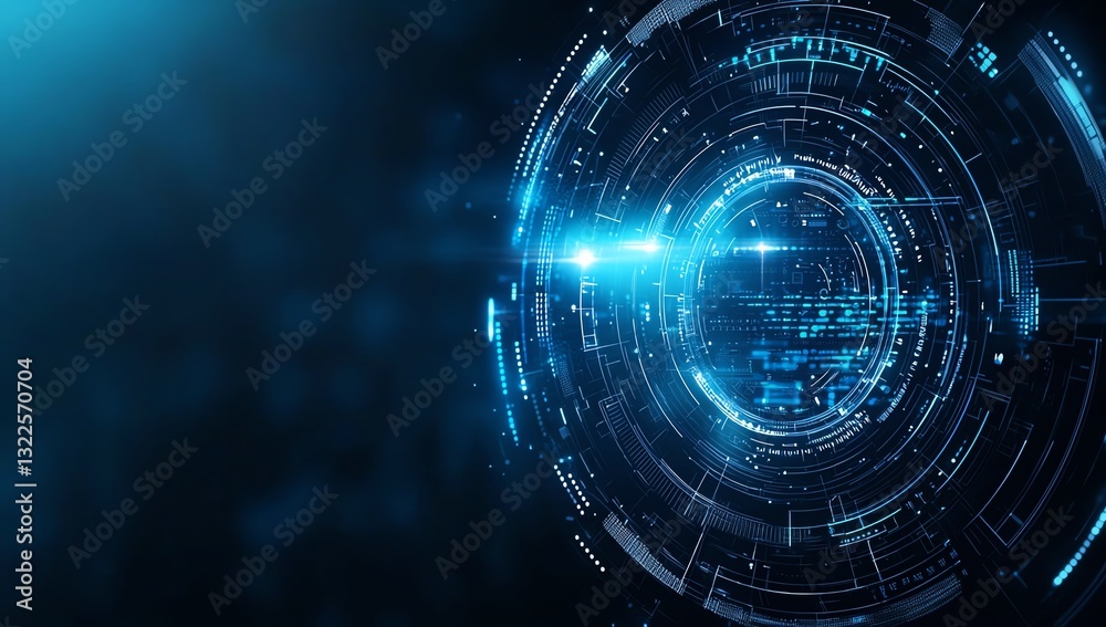Poster futuristic digital interface visualization featuring glowing blue elements and intricate data flow. 