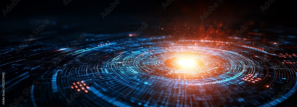 Poster vibrant digital abstract design showcasing futuristic technology with glowing lines and circular pat