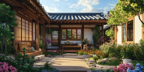 Fototapeta premium A peaceful traditional courtyard garden with wooden buildings and flora