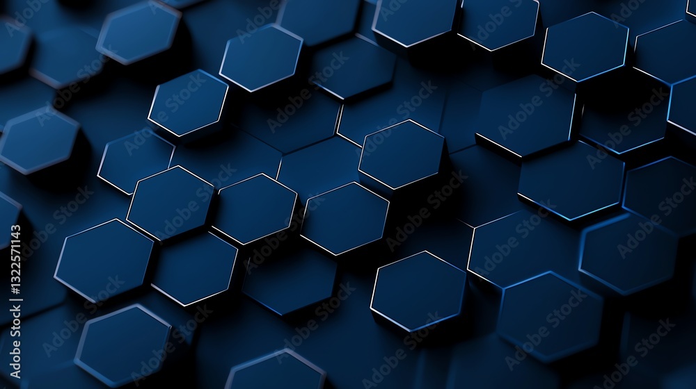 Poster this abstract image features a blue geometric pattern of interlocking hexagons, creating a modern an