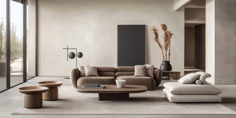 Modern living room arrangement with neutral colors and contemporary furniture
