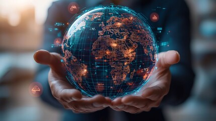 Fototapeta premium a person holding a digital globe symbolizing the global network and technology advancement. The globe glows with interconnected lines and data points