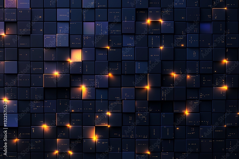 Poster a mesmerizing abstract background of dark cubes interspersed with glowing lights. this image evokes 