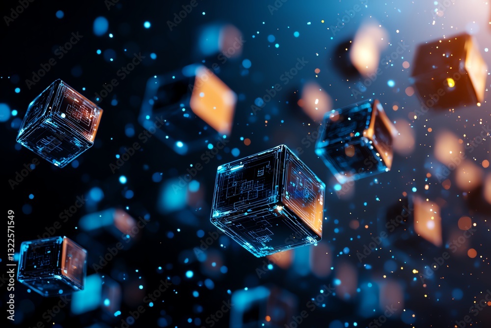 Poster abstract digital floating cubes illuminated by light particles, creating a mesmerizing visual effect
