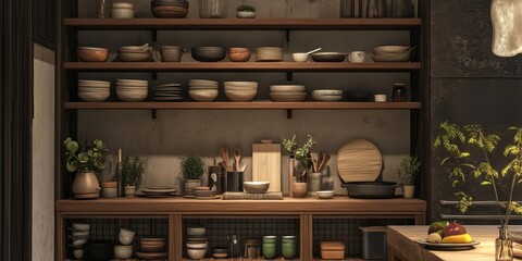 Shelves Displaying Various Dishes and Kitchen Accessories Elegantly Arranged