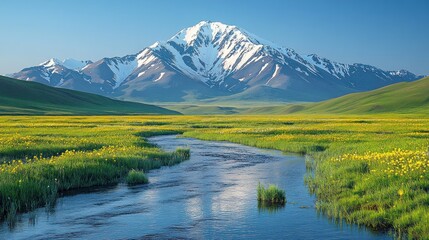 Obraz premium Scenic mountain river flowing through vibrant green valley with wildflowers and snow-capped peak.