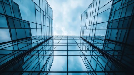 Tall modern office buildings with glass facade reaching towards a cloudy blue sky in urban city environment