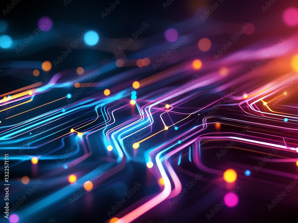 Poster a dynamic and vibrant background showcasing colorful light trails and circuit patterns. ideal for di