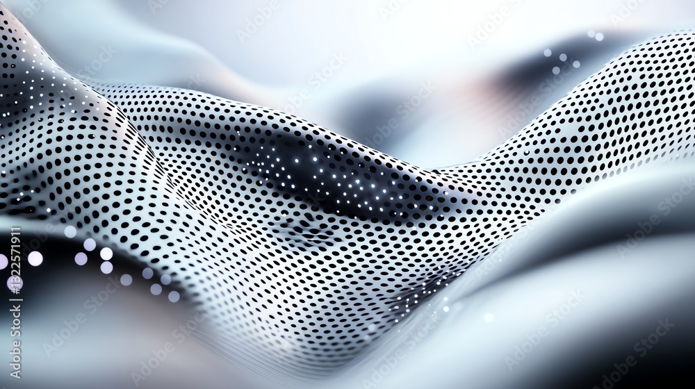 Poster an abstract representation of a flowing mesh design, featuring intricate dotted patterns and soft gr