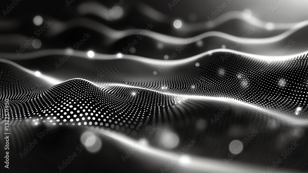 Poster a mesmerizing abstract composition of flowing waves in monochrome, highlighted by subtle shimmering 