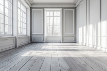Fototapeta premium Sunlit empty room with white walls, wood floor, and large windows.