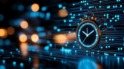A close-up of a stopwatch against a vibrant, digital background featuring bright blue lights. This image symbolizes precision, timing, and the intersection of technology and time.