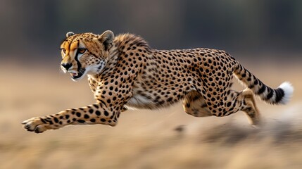 Fototapeta premium Cheetah running fast in blurred motion, hunting in savanna.