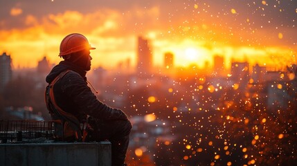 Construction worker resting at sunset, cityscape background.