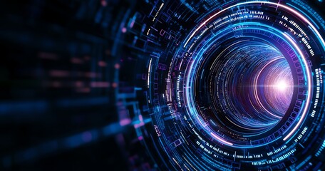 Obraz premium A mesmerizing view of a futuristic tunnel illuminated by vibrant lights, symbolizing the digital age, technology, and the endless possibilities of innovation and exploration.