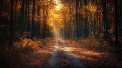 Naklejka premium Sunlit path through autumn forest with golden leaves.