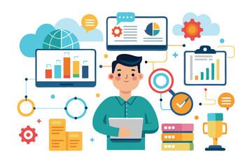 Concept illustration of male worker monitoring company analysis data Flat vector illustration