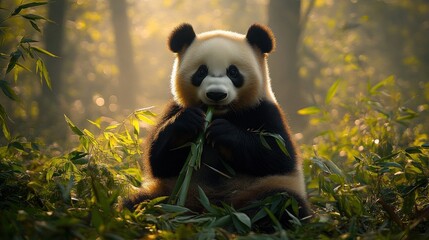 Obraz premium Adorable giant panda sitting amidst bamboo, enjoying a meal in a sun-dappled forest.