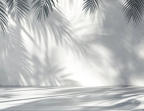 Empty light grey space with palm leaf shadows