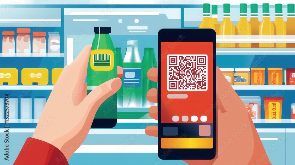 Poster Smartphone scanning QR code for order pickup in a high-tech grocery store environment