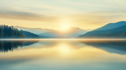 Fototapeta premium Golden sunlight illuminating misty mountain lake, warm rays reflecting on calm water surface, pine forest surrounding tranquil alpine landscape at dawn