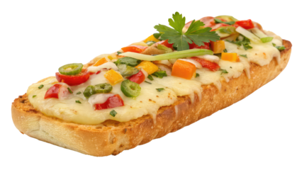 Tasty cheese bread with assorted vegetables baked to perfection, great for fast food advertisements, homemade recipe visuals, and digital food art on transparent background PNG


