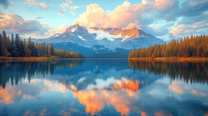 Obraz premium Serene autumn landscape mountain reflection in calm lake at sunrise.