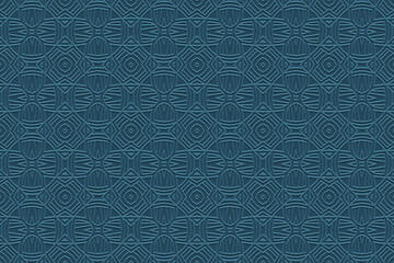 Geometric blue background, tribal elegant cover design, banner. 3D pattern, embossing, relief texture. Ornaments, arabesques, mandala of the East, Asia, India, Mexico, Aztec, Peru. Ethnic composition.
