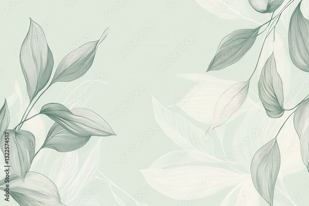 Leinwandbilder Elegant botanical line art design on a soft green background with subtle textures enhancing a modern eco-friendly aesthetic