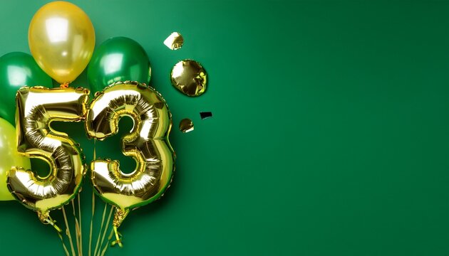 Banner with number 53 balloons on green background with copy space. Generated image