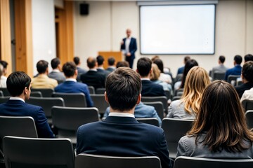 A large group of people, predominantly adults, are seated in rows of gray chairs in a conference hall or lecture hall.  They are listening to a presentation Un gran grupo de personas, en su mayoría