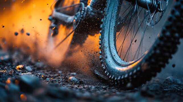 Close-up of mountain bike wheel spinning, kicking up dirt and dust in dramatic sunset light.