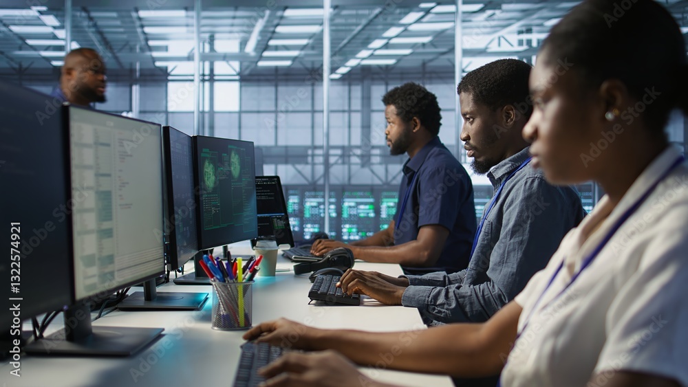 Poster cybersecurity specialists in server room trying to protect equipment from hacker stealing data. prog